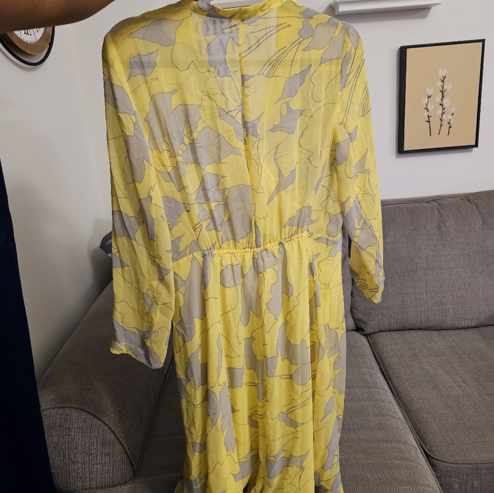 Zara Basic Yellow Gray Floral Lined Spring Wrap Mock Wrap Dress Size Large - Picture 5 of 5